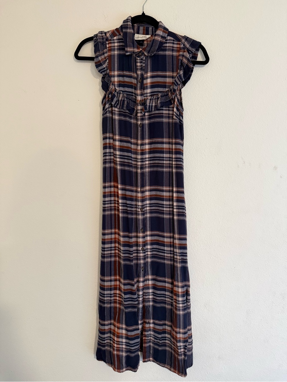 Universal Thread Navy and Brown Plaid Ruffle-Trim Maxi Dress Size XS